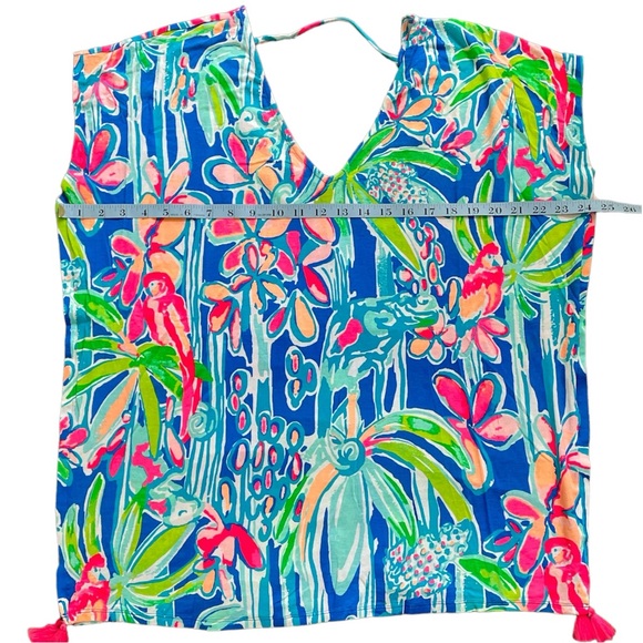 Lilly Pulitzer Seagate Cover up Tippy caftan top tassels deep back pink blue XS - Picture 7 of 14